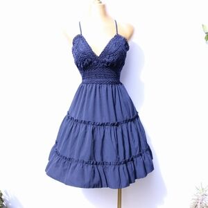 Navy Blue Spaghetti Strap Ruffle Mini Dress with Bow back, Small